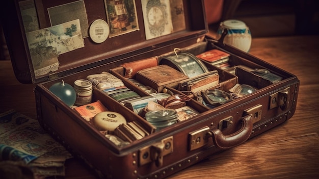 Old vintage suitcase with travel souvenirs AI generated