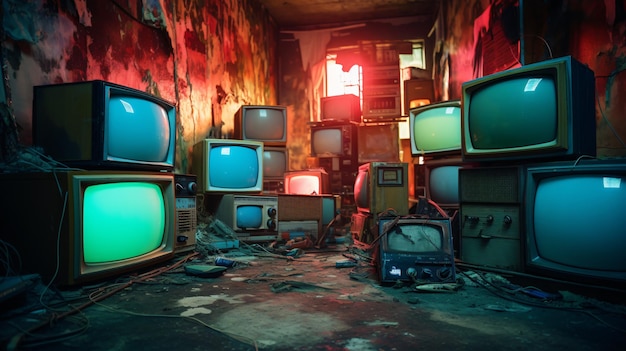 Old vintage tvs on a floor in a room with colored
