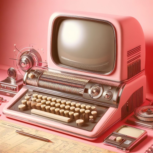 old vintage typewriter on a red background