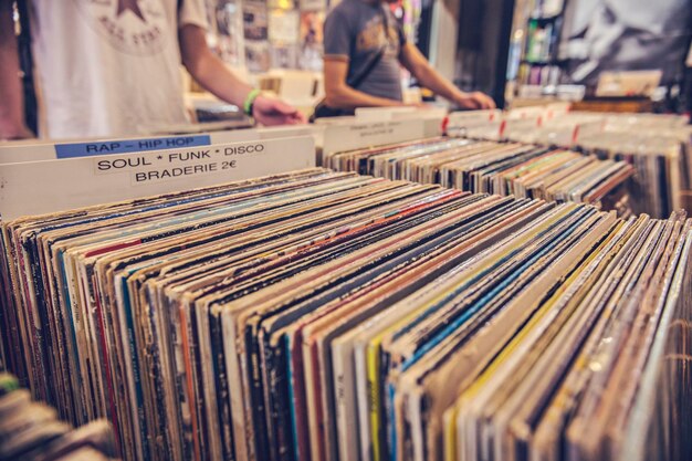 Old vintage vinyl shop in toulouse, france. collection of lp\
vinyl records for sale in music shop