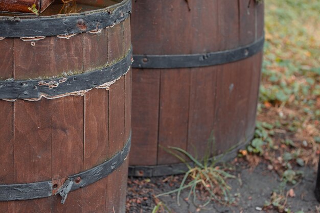 Old vintage wine barrel closeup Texture of a wooden barrel