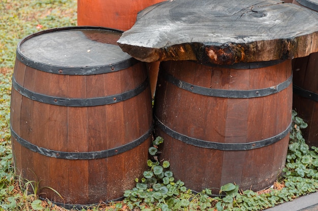 Old vintage wine barrel closeup. Texture of a wooden barrel