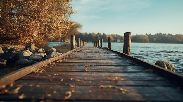 Old vintage wooden bridge on the lake in spring tropical quiet river Generative AI