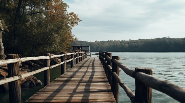 Old vintage wooden bridge on the lake in spring tropical quiet river Generative AI