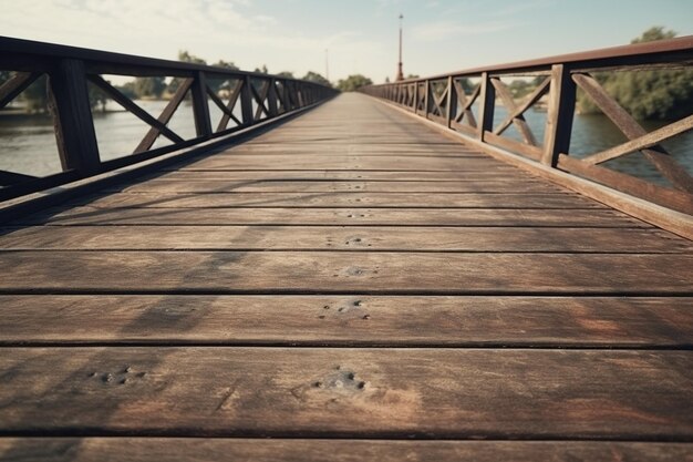 Old vintage wooden bridge on the lake in spring tropical quiet river Generative AI