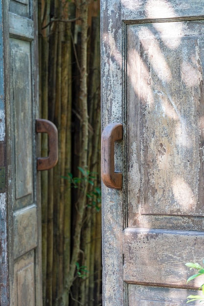 Old vintage wooden door with handle in tropical garden, island Koh Phangan, Thailand. Close up