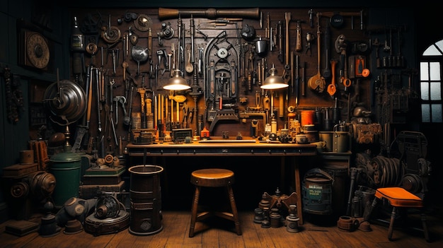 old vintage wooden table with a lot of tools