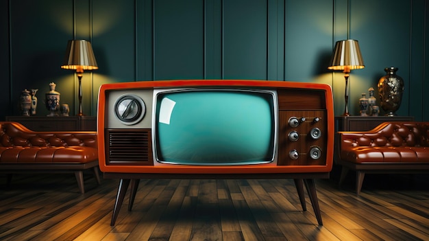 Old vintage wooden television in 70s style