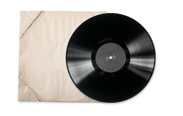 Old vinyl record in a paper case isolated on white background