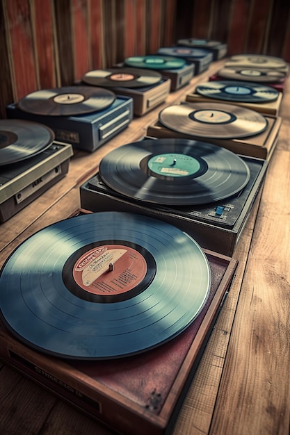 Old vinyl recordes on the wooden table Retro styled