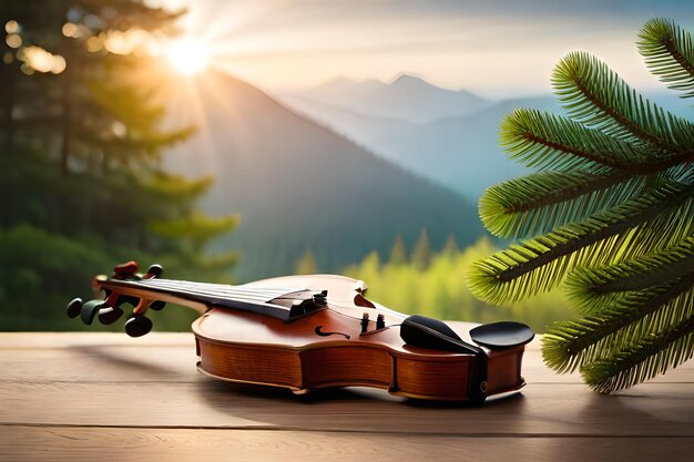 Photo old violin and firtree branches