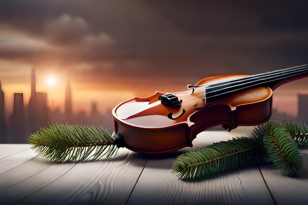 Photo old violin and firtree branches