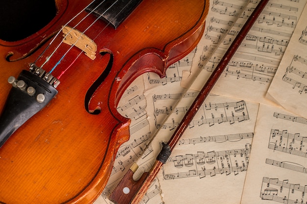 Old violin lying on the sheet of music