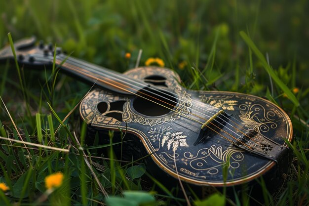 Photo old violin resting in grass