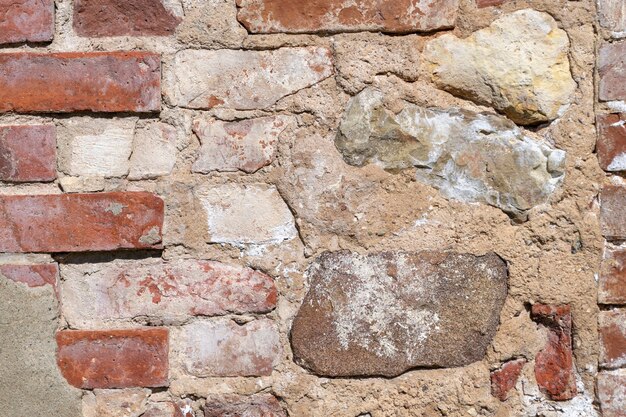 Old wall made of granite stones and bricks