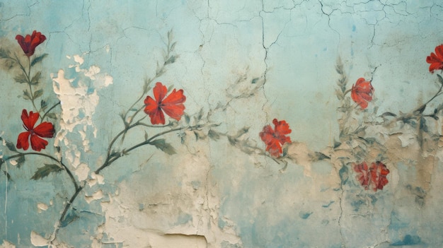 은 꽃의 벽화 은 파란색 균열 된 석면 배경에 식물과 함께 고대 벽화 예술 개념 빈티지 벽화 자연 문화 고대