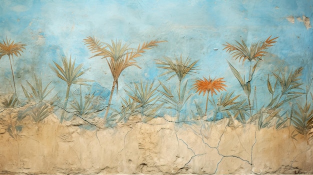 Old wall painting of plants like Ancient fresco flowers on light blue cracked plaster background Concept of art beauty vintage mural nature culture antique