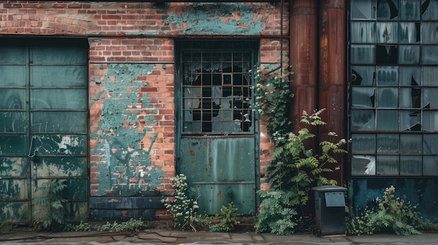 Photo old weathered industrial building with rusty door and broken windows overgrown plants