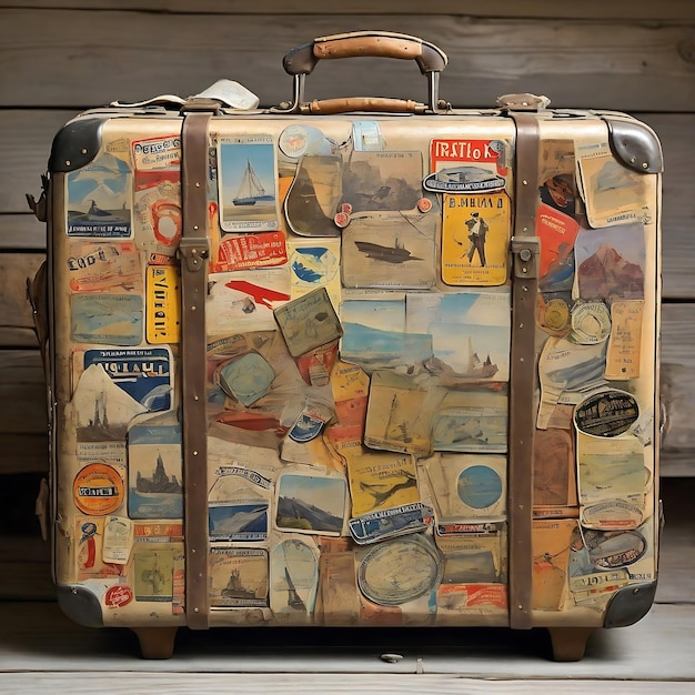 An old weathered suitcase adorned with a collage of vintage travel stickers Ai Generated