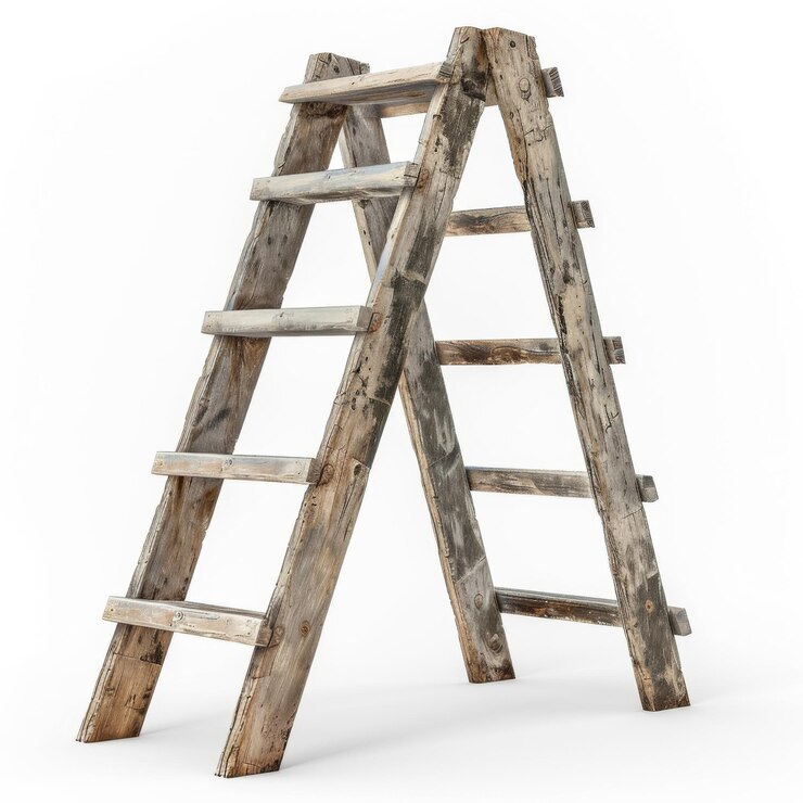 Photo old weathered wooden step ladder standing open on white background isolated object