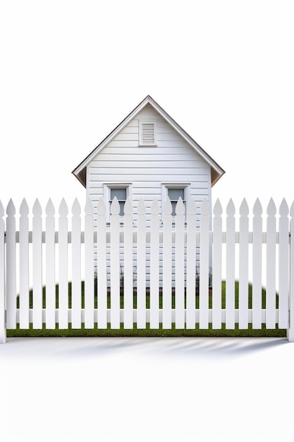 Photo old white picket fence with gate and wood sidewalk isolated on white background