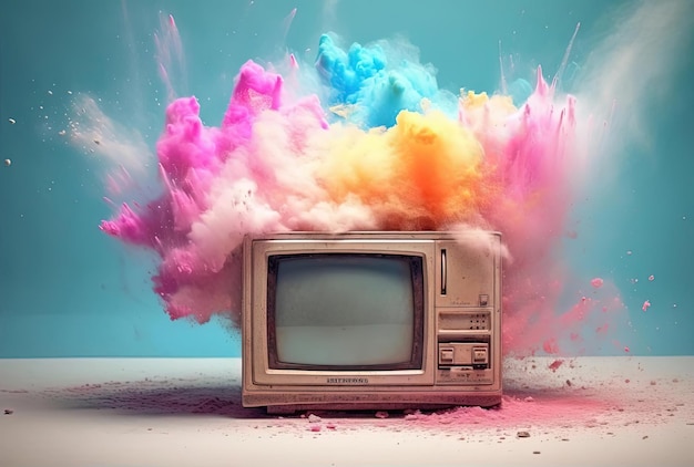 an old white tv screen with colourful powder covering it