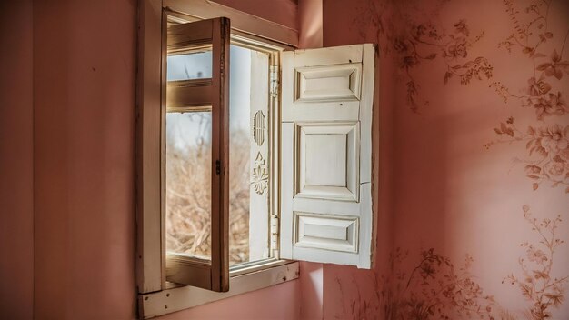 Old white window on a light pink wall