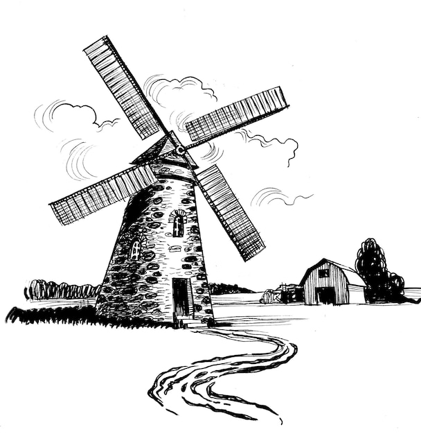 Photo old windmill in the countryside ink black and white drawing