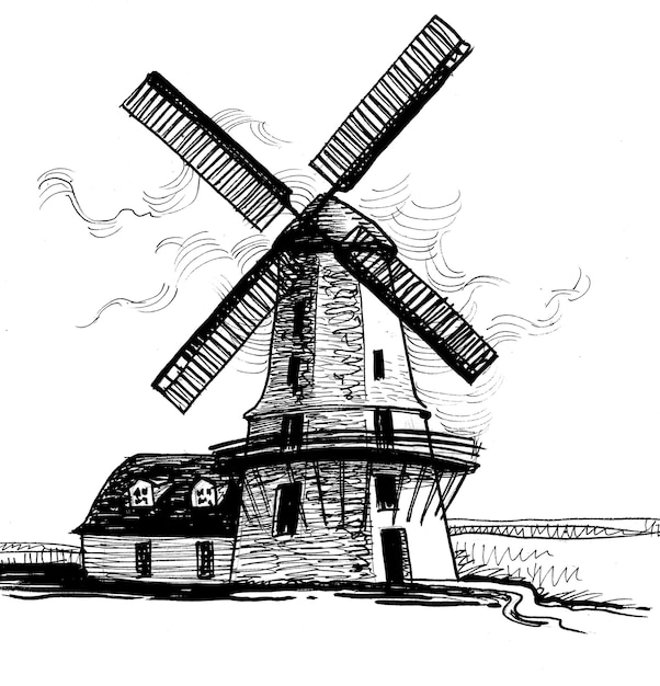 Photo old windmill ink black and white drawing