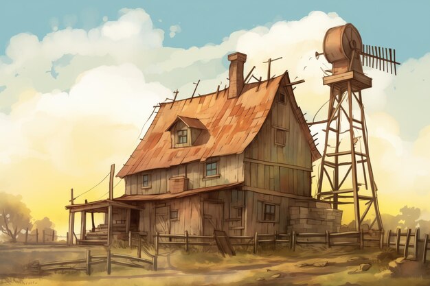 Photo old windmill towering above the barninspired farmhouse magazine style illustration
