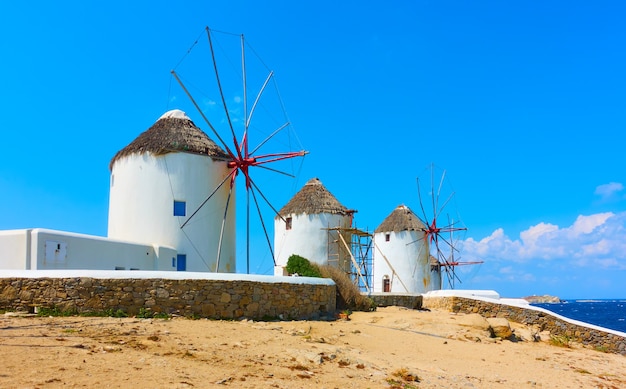 Old windmills in Mykonos Island, Greece. April 2018