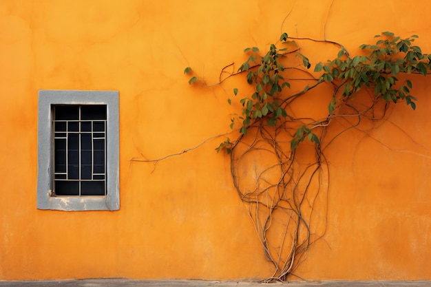 Old window on orange wall with ivy plant Bangkok Thailand
