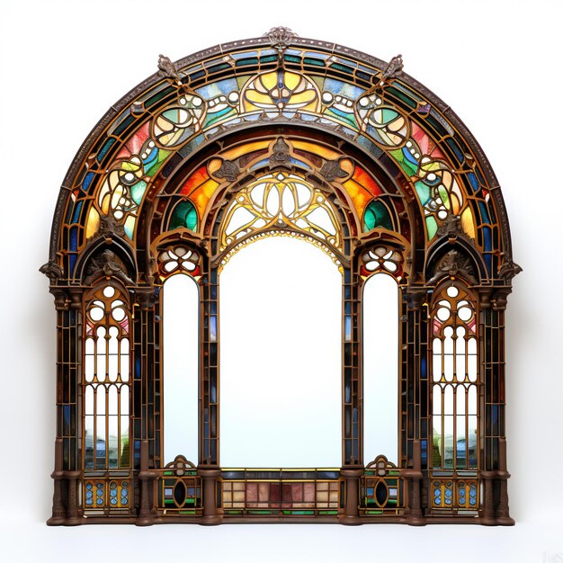 Old window with stained glass on white background