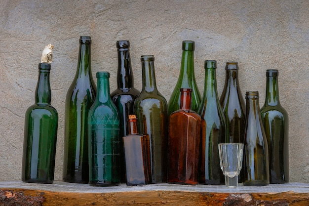 Old wine bottles and glass