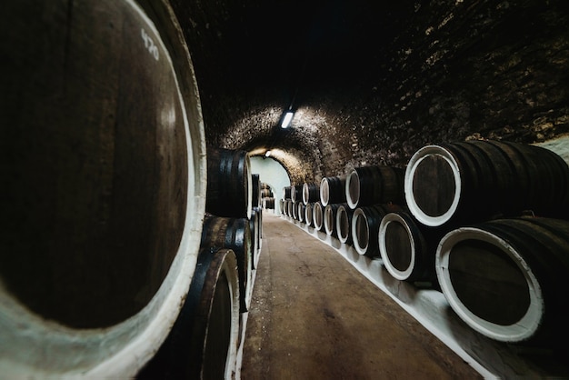 와이너리에 보관된 와인 저장고의 오래된 와인 오크 배럴