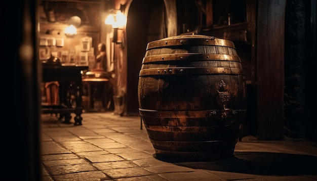 Old winery cellar dark wood barrel kegs generated by artificial intelligence