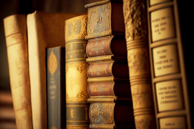 Old wise books for reading standing on wooden shelf created with generative ai