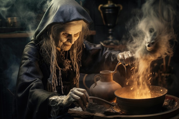 Old witch cooking in a cauldron Generative AI