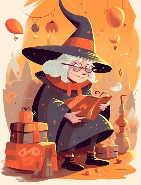 Старая ведьма с сумками, милая старуха, иллюстрация к Хэллоуину, иллюстрация к мультфильму Generative AI