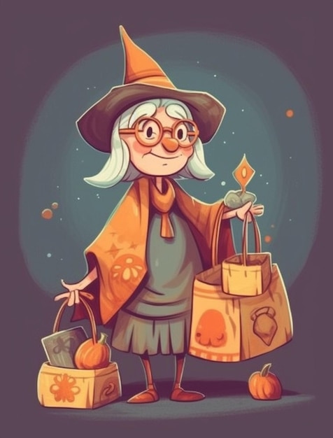 Old Witch with bags cute old woman Halloween cartoon illustration Generative AI