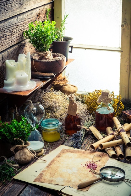 Old witch workshop with scrolls and ingredients