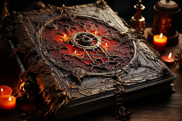 Старая книга заклинаний ведьм открыта на текстурированной поверхности