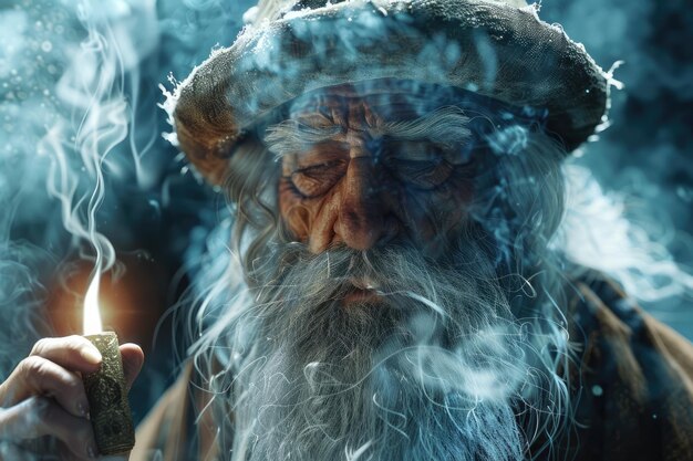 Photo old wizard conjures up elixir with magic wand