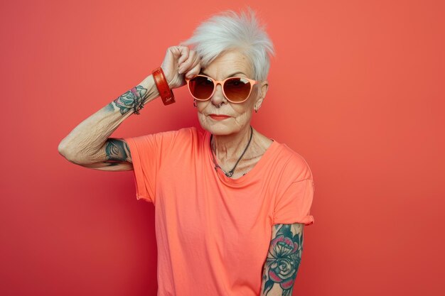 Old woman in bright tshirt and sunglasses