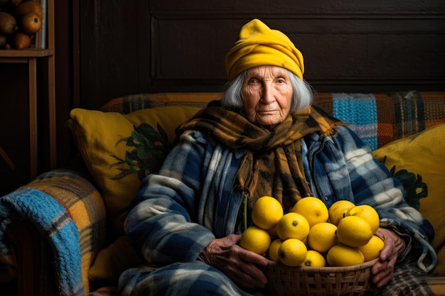 Old woman in cosy plaid made from lemons and ginger