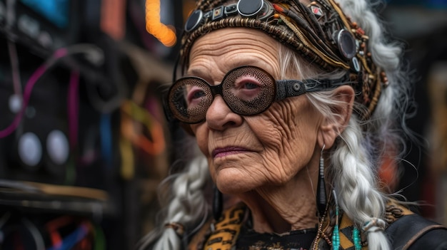 Old woman cybergoth with punk makeup AI generated