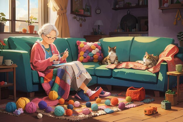 Old woman doing crochet with her cat with granny square mattress on couch