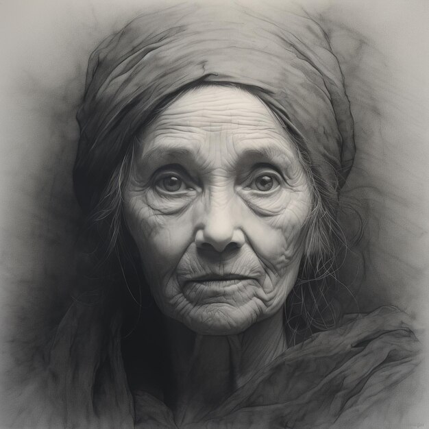 Old Woman Drawing By Frank Yadouk A Serene Portrait In Traditional Burmese Style