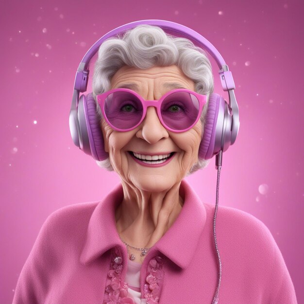 A old woman dressed in pink with hazel green eyes and blush smiling wears headphones