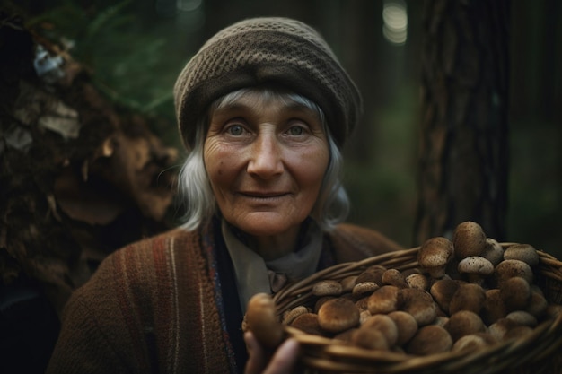 Old woman in the forest with a basket of mushrooms 2